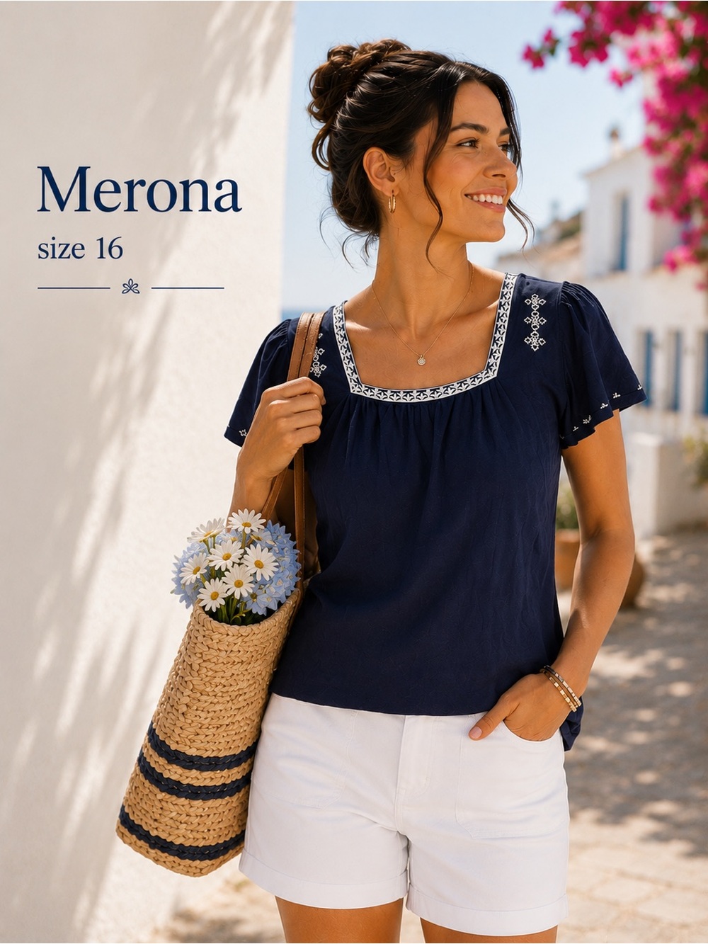 Merona Navy Short-Sleeve Square Neck Embroidered Top size 16 xl